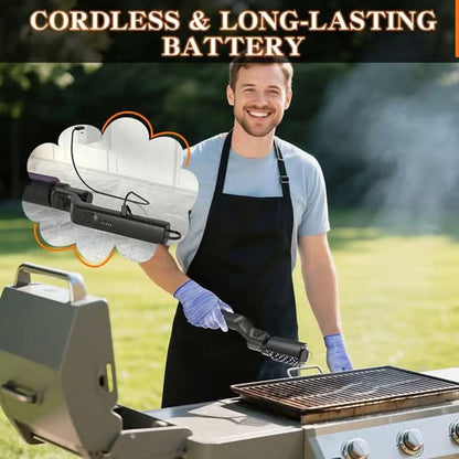 🍖✨ Cordless Electric BBQ Brush – 2600mAh rechargeable, long handle & deep cleaning. No more sore wrists. Perfect for garden parties.