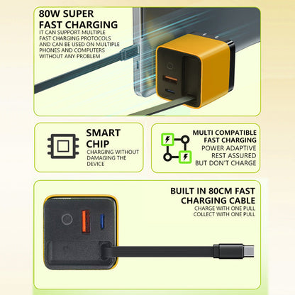 65W Fast Charging Phone Charger Block with Retractable 80cm Type-C Cable