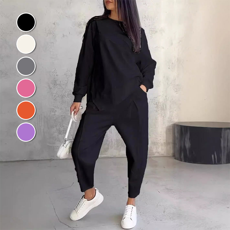 ☁️ Women's Cozy 2-Piece Sweatshirt & Pants Set – Stylish Irregular Hem Casual Outfit