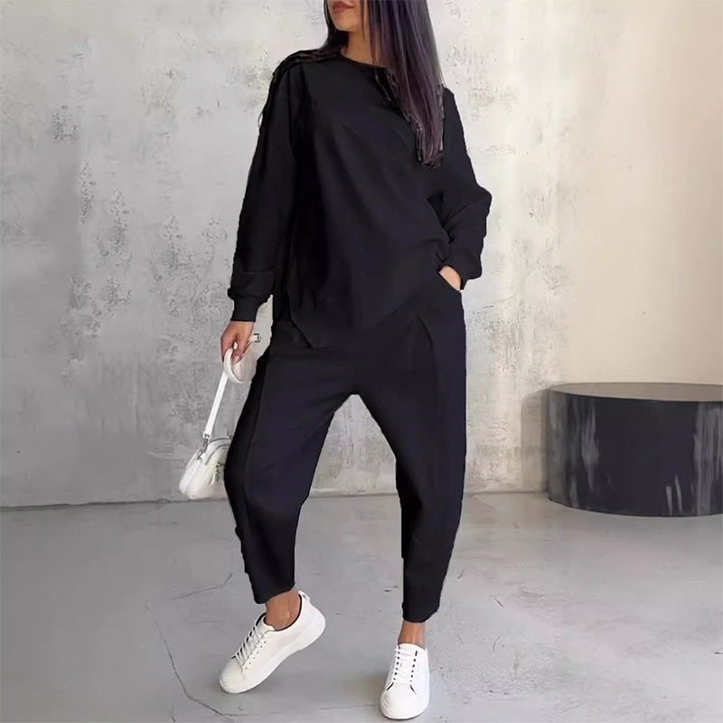 ☁️ Women's Cozy 2-Piece Sweatshirt & Pants Set – Stylish Irregular Hem Casual Outfit