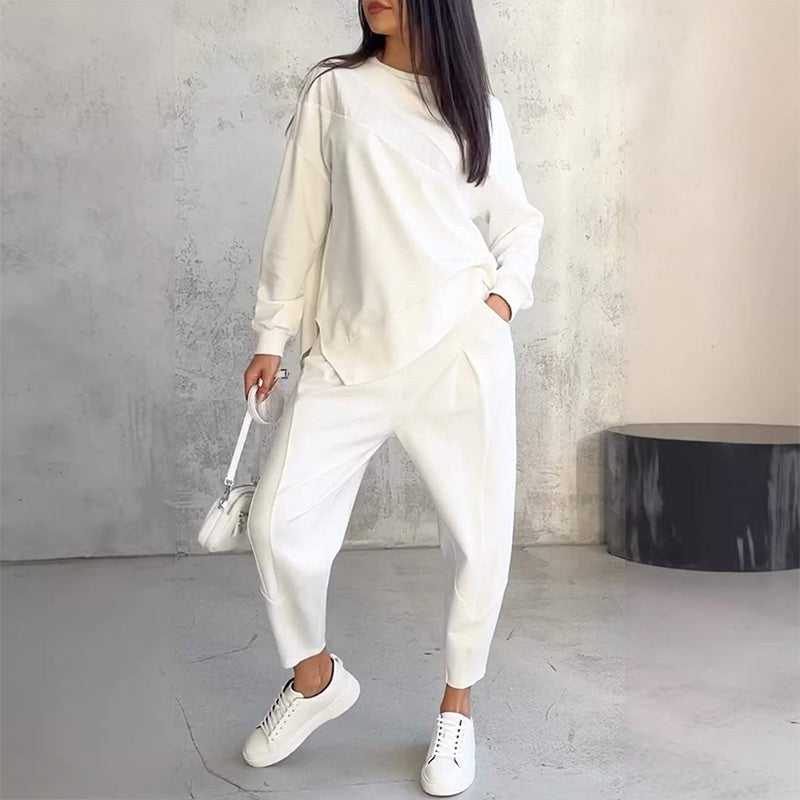 ☁️ Women's Cozy 2-Piece Sweatshirt & Pants Set – Stylish Irregular Hem Casual Outfit