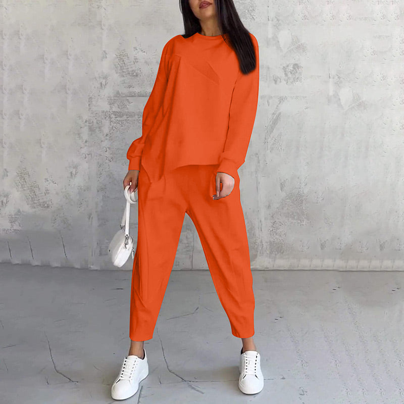 ☁️ Women's Cozy 2-Piece Sweatshirt & Pants Set – Stylish Irregular Hem Casual Outfit