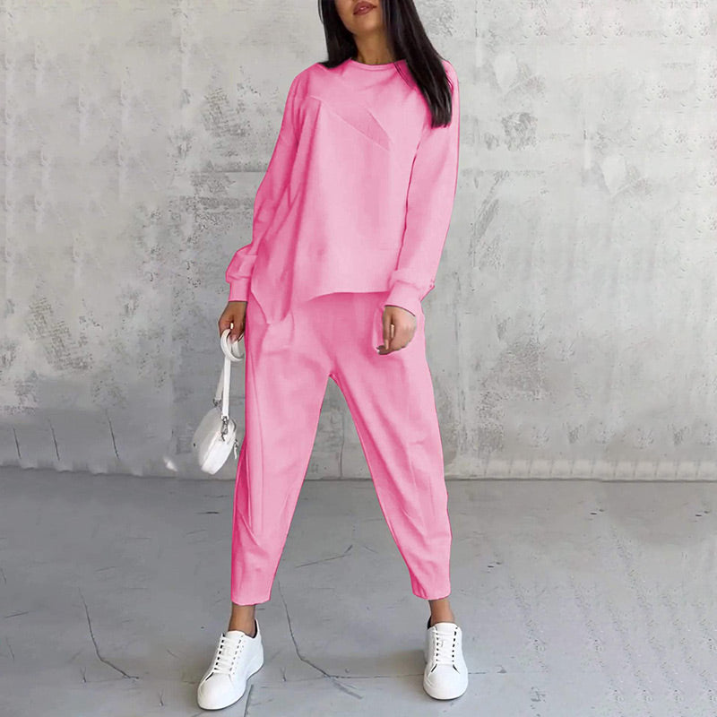 ☁️ Women's Cozy 2-Piece Sweatshirt & Pants Set – Stylish Irregular Hem Casual Outfit