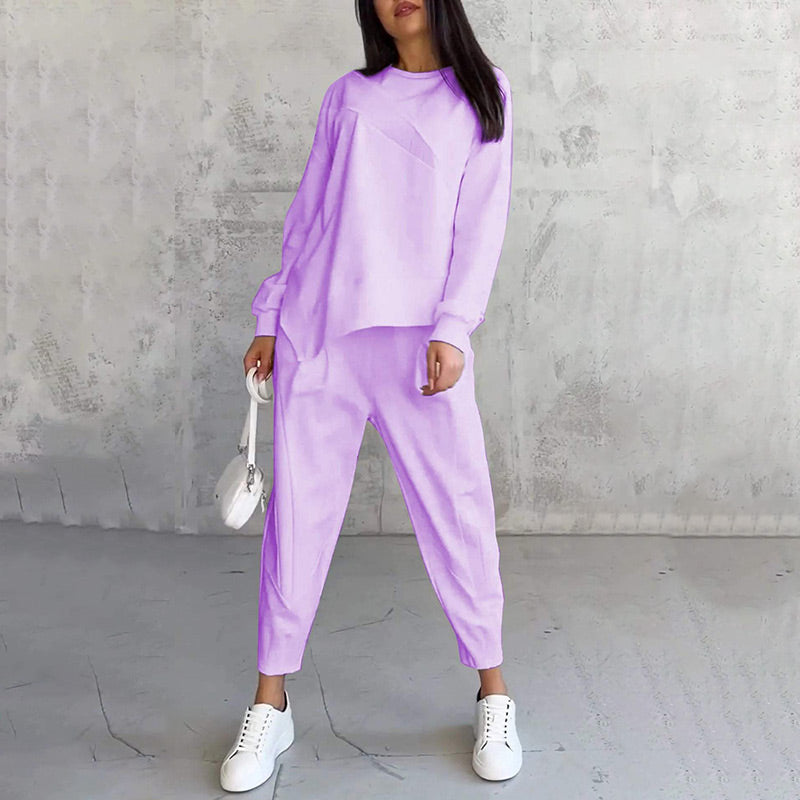 ☁️ Women's Cozy 2-Piece Sweatshirt & Pants Set – Stylish Irregular Hem Casual Outfit