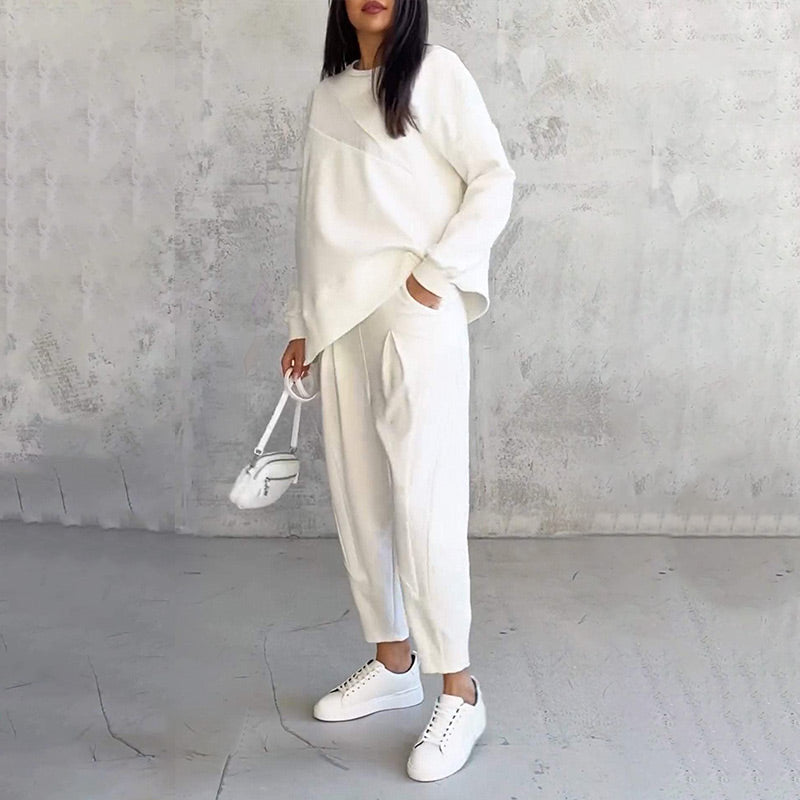 ☁️ Women's Cozy 2-Piece Sweatshirt & Pants Set – Stylish Irregular Hem Casual Outfit