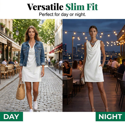 🏆LAST DAY SALE 50% OFF🔥| Elegant Slim Fit Cowl Neck Dress | Sleeveless Triacetate Midi Dress with Pockets | Breathable Casual & Party Wear for Women✨