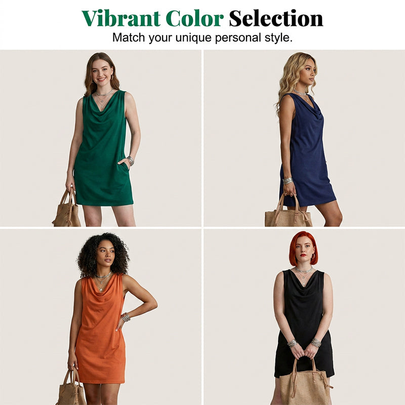 🏆LAST DAY SALE 50% OFF🔥| Elegant Slim Fit Cowl Neck Dress | Sleeveless Triacetate Midi Dress with Pockets | Breathable Casual & Party Wear for Women✨