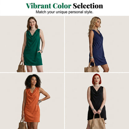 🏆LAST DAY SALE 50% OFF🔥| Elegant Slim Fit Cowl Neck Dress | Sleeveless Triacetate Midi Dress with Pockets | Breathable Casual & Party Wear for Women✨