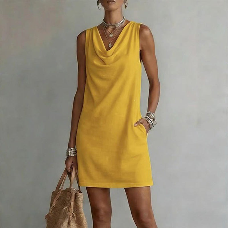 🏆LAST DAY SALE 50% OFF🔥| Elegant Slim Fit Cowl Neck Dress | Sleeveless Triacetate Midi Dress with Pockets | Breathable Casual & Party Wear for Women✨