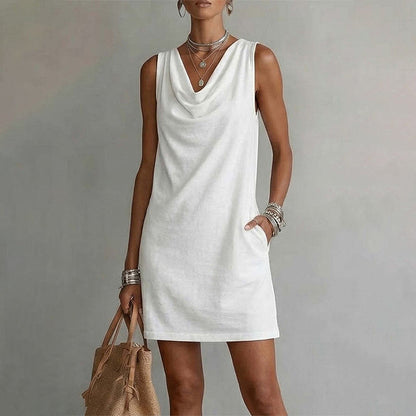 🏆LAST DAY SALE 50% OFF🔥| Elegant Slim Fit Cowl Neck Dress | Sleeveless Triacetate Midi Dress with Pockets | Breathable Casual & Party Wear for Women✨