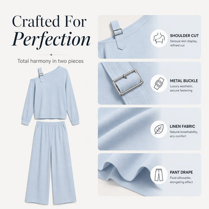 📢📢LIMITED-TIME 30% OFF!! 🔥Bestseller🔥 Off-shoulder Wide-leg Two-piece Set, Made Of Soft Blended Fabric, Creating An Elegant Dilhouette.