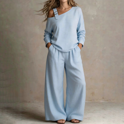 📢📢LIMITED-TIME 30% OFF!! 🔥Bestseller🔥 Off-shoulder Wide-leg Two-piece Set, Made Of Soft Blended Fabric, Creating An Elegant Dilhouette.