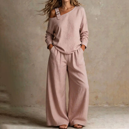 📢📢LIMITED-TIME 30% OFF!! 🔥Bestseller🔥 Off-shoulder Wide-leg Two-piece Set, Made Of Soft Blended Fabric, Creating An Elegant Dilhouette.