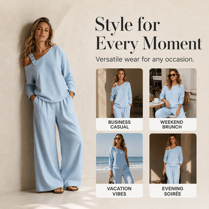 📢📢LIMITED-TIME 30% OFF!! 🔥Bestseller🔥 Off-shoulder Wide-leg Two-piece Set, Made Of Soft Blended Fabric, Creating An Elegant Dilhouette.