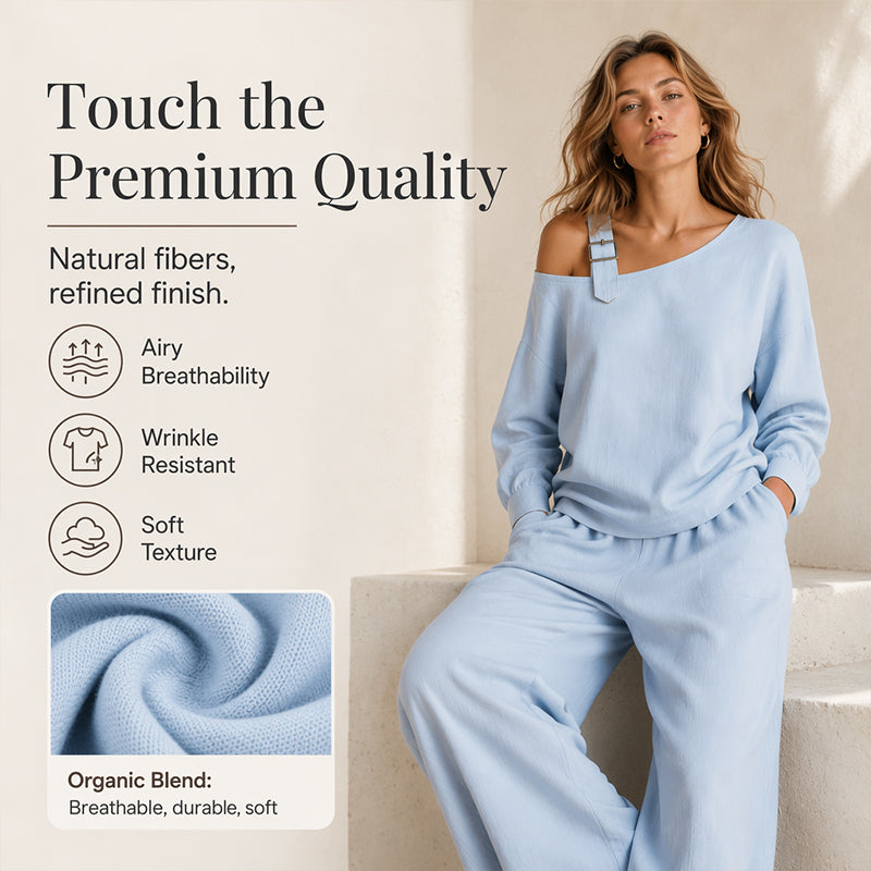📢📢LIMITED-TIME 30% OFF!! 🔥Bestseller🔥 Off-shoulder Wide-leg Two-piece Set, Made Of Soft Blended Fabric, Creating An Elegant Dilhouette.