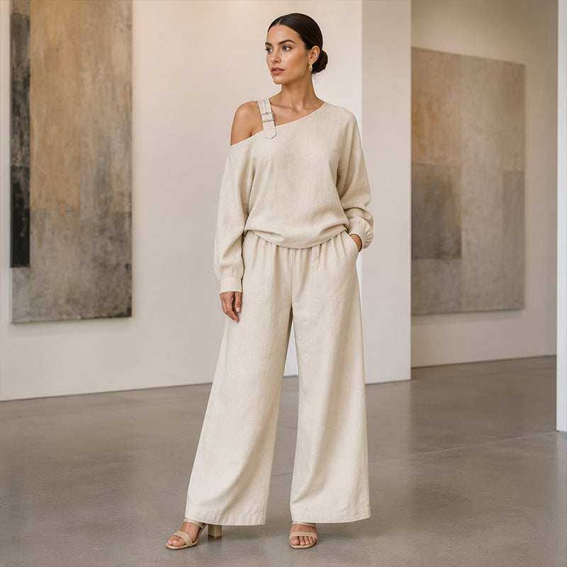 📢📢LIMITED-TIME 30% OFF!! 🔥Bestseller🔥 Off-shoulder Wide-leg Two-piece Set, Made Of Soft Blended Fabric, Creating An Elegant Dilhouette.