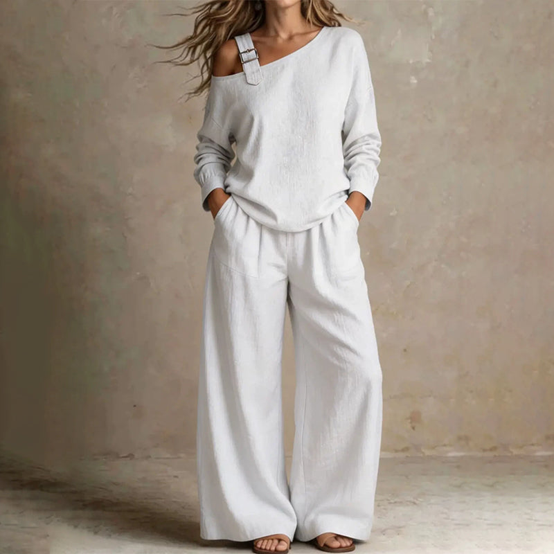 📢📢LIMITED-TIME 30% OFF!! 🔥Bestseller🔥 Off-shoulder Wide-leg Two-piece Set, Made Of Soft Blended Fabric, Creating An Elegant Dilhouette.