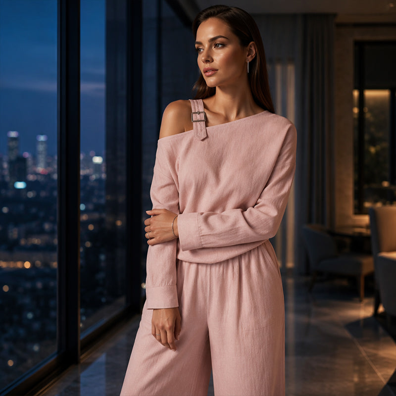 📢📢LIMITED-TIME 30% OFF!! 🔥Bestseller🔥 Off-shoulder Wide-leg Two-piece Set, Made Of Soft Blended Fabric, Creating An Elegant Dilhouette.