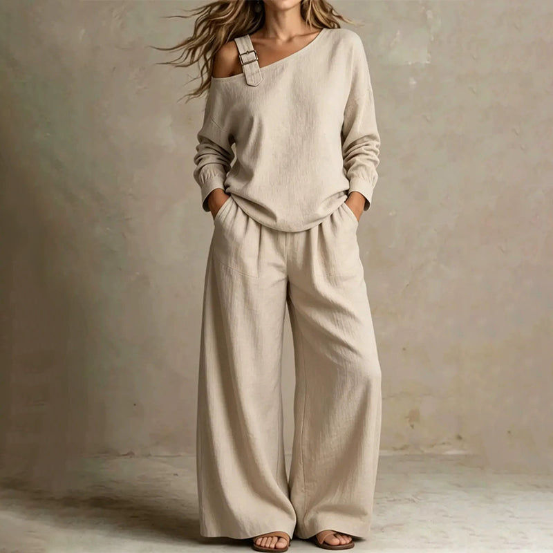 📢📢LIMITED-TIME 30% OFF!! 🔥Bestseller🔥 Off-shoulder Wide-leg Two-piece Set, Made Of Soft Blended Fabric, Creating An Elegant Dilhouette.