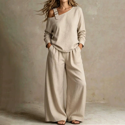📢📢LIMITED-TIME 30% OFF!! 🔥Bestseller🔥 Off-shoulder Wide-leg Two-piece Set, Made Of Soft Blended Fabric, Creating An Elegant Dilhouette.