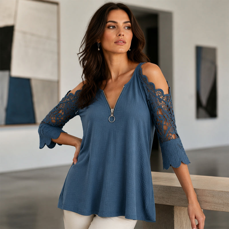 💃2026 New Arrival 50% OFF💥Women's Lace Cold Shoulder Top with Zipper