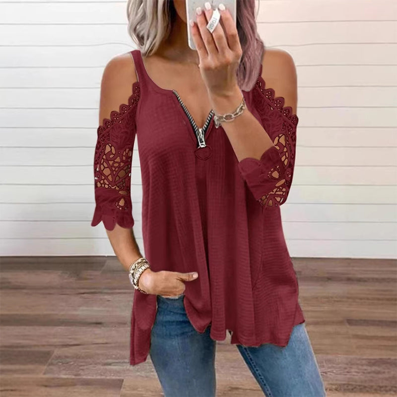 💃2026 New Arrival 50% OFF💥Women's Lace Cold Shoulder Top with Zipper
