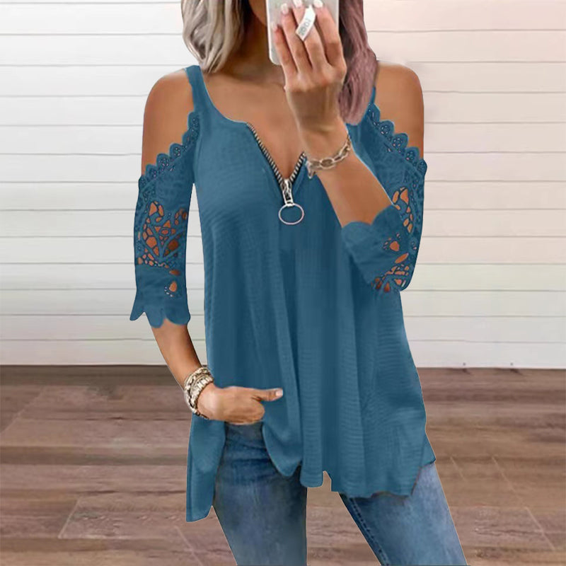 💃2026 New Arrival 50% OFF💥Women's Lace Cold Shoulder Top with Zipper