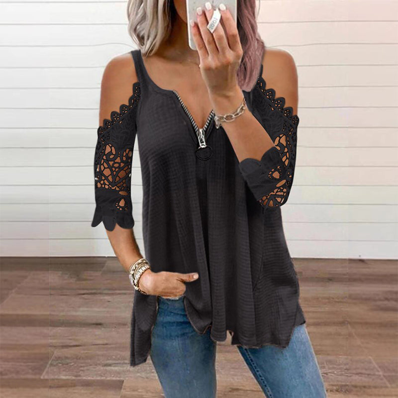 💃2026 New Arrival 50% OFF💥Women's Lace Cold Shoulder Top with Zipper