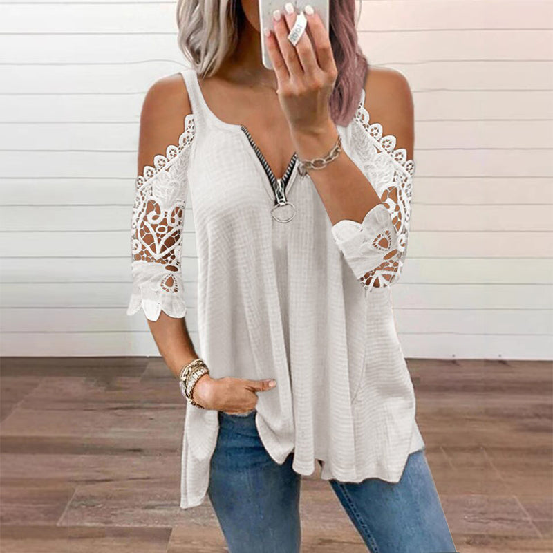 💃2026 New Arrival 50% OFF💥Women's Lace Cold Shoulder Top with Zipper