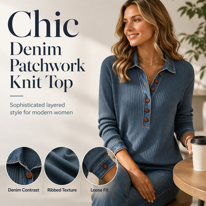 🖤Black Friday Sale:50% OFF🖤✨🛍️Fresh Drop - Denim & Knit Patchwork Top – Relaxed Fit & Premium Stretch for All-Day Comfort