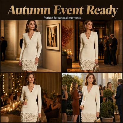 Bestseller 👗 V-Neck Long Sleeve Dress with Floral-Inspired Hem – Classic Silhouette & All-Day Comfort for Any Occasion