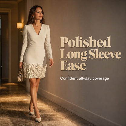 Bestseller 👗 V-Neck Long Sleeve Dress with Floral-Inspired Hem – Classic Silhouette & All-Day Comfort for Any Occasion