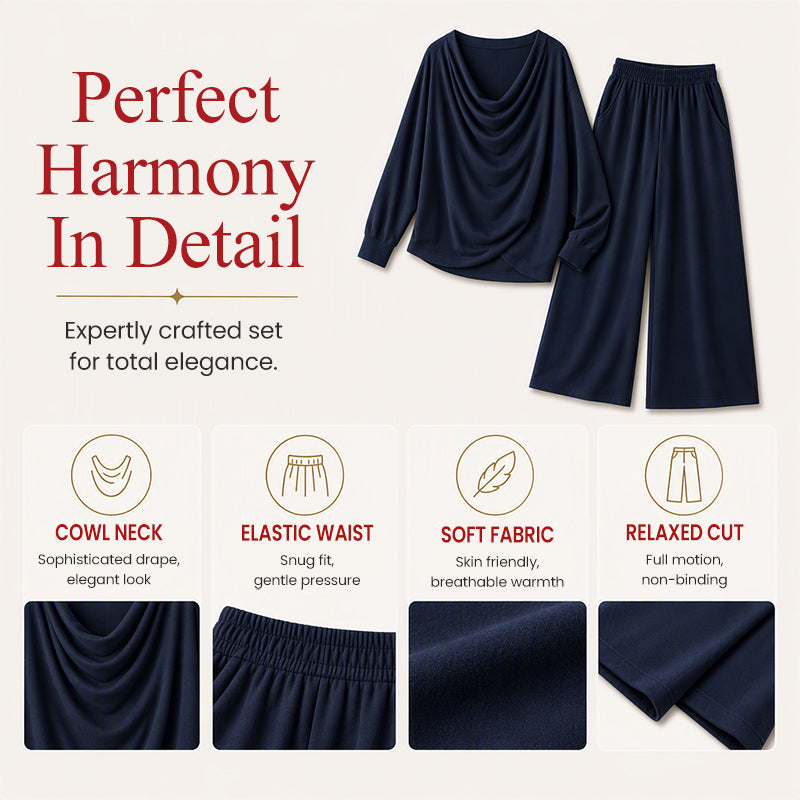 💖Black Friday Mega Deal – 50% off!💖🍂 Women's Cowl Neck Top and Wide-Leg Pants Set – Effortless Elegance for Autumn