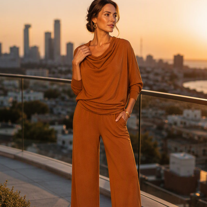 💖Black Friday Mega Deal – 50% off!💖🍂 Women's Cowl Neck Top and Wide-Leg Pants Set – Effortless Elegance for Autumn