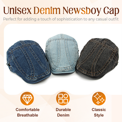 🧢 Vintage Denim Newsboy Cap | Unisex Classic Retro Flat Hat