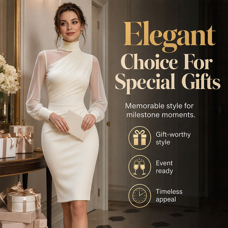 👗 Mock Neck Mesh Bodycon Midi Dress⭐Sheer Sleeve Detail & Fitted Silhouette for Effortless Evening Elegance