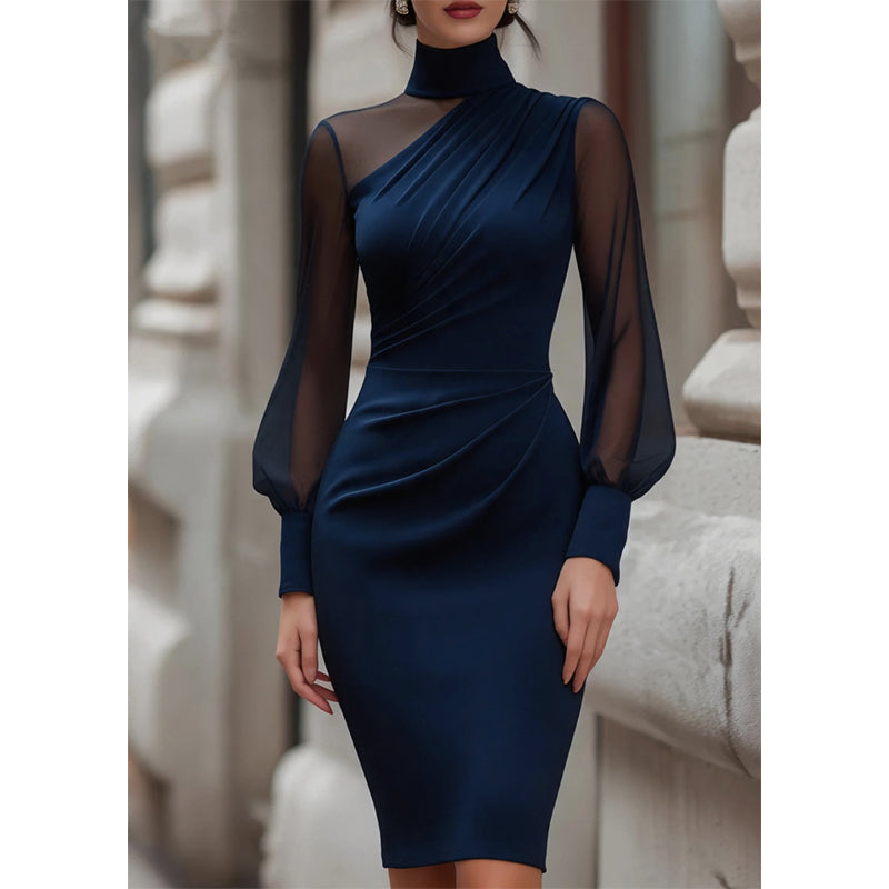 👗 Mock Neck Mesh Bodycon Midi Dress⭐Sheer Sleeve Detail & Fitted Silhouette for Effortless Evening Elegance