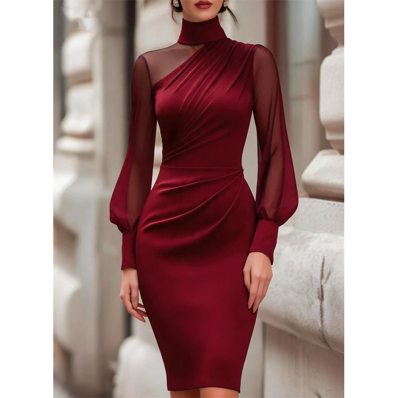 👗 Mock Neck Mesh Bodycon Midi Dress⭐Sheer Sleeve Detail & Fitted Silhouette for Effortless Evening Elegance