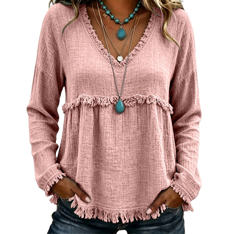 ☁️Relaxed Comfort, Everyday Wear👚 Women's V-Neck Long Sleeve Top – Lightweight Fabric, Easy to Style ✨