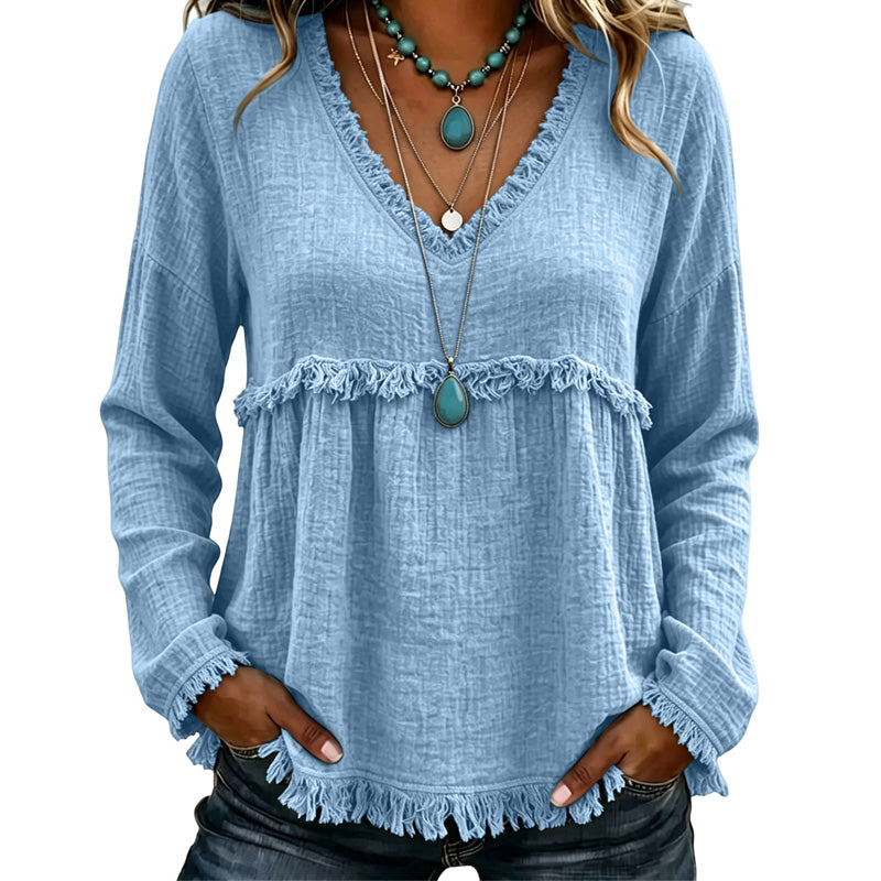 ☁️Relaxed Comfort, Everyday Wear👚 Women's V-Neck Long Sleeve Top – Lightweight Fabric, Easy to Style ✨