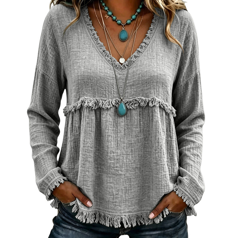 ☁️Relaxed Comfort, Everyday Wear👚 Women's V-Neck Long Sleeve Top – Lightweight Fabric, Easy to Style ✨