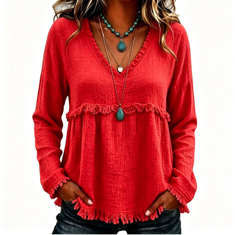 ☁️Relaxed Comfort, Everyday Wear👚 Women's V-Neck Long Sleeve Top – Lightweight Fabric, Easy to Style ✨