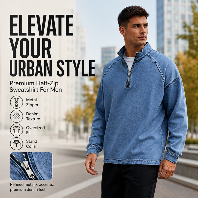 🍂 Men's Quarter-Zip Denim Pullover – Casual Style with Comfortable Everyday Fit