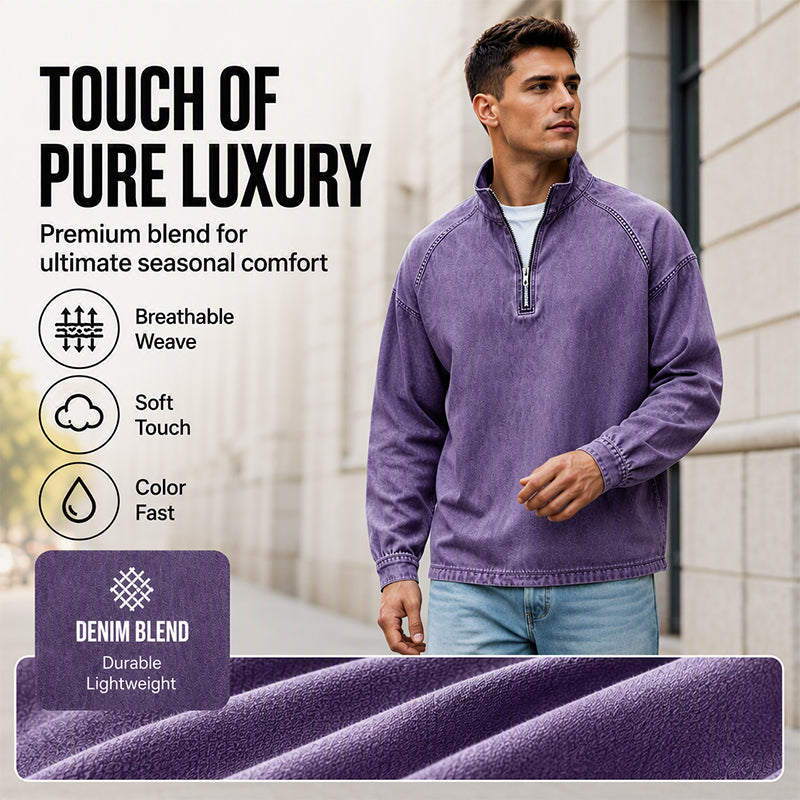 🍂 Men's Quarter-Zip Denim Pullover – Casual Style with Comfortable Everyday Fit