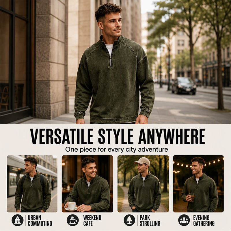 🍂 Men's Quarter-Zip Denim Pullover – Casual Style with Comfortable Everyday Fit