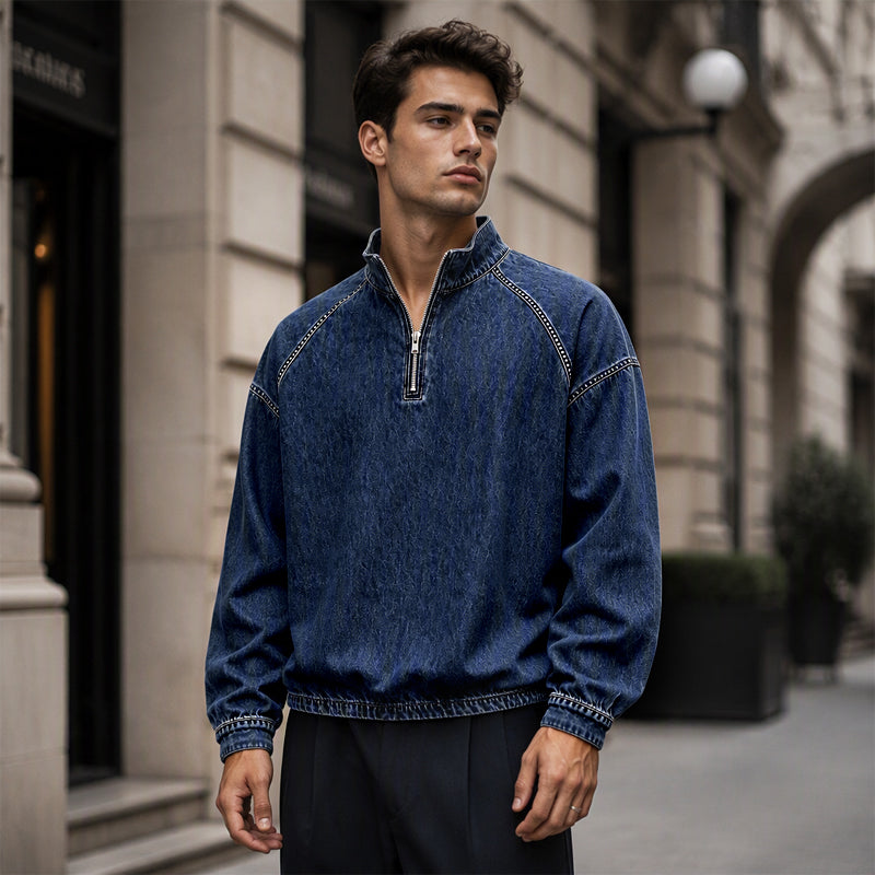 🍂 Men's Quarter-Zip Denim Pullover – Casual Style with Comfortable Everyday Fit