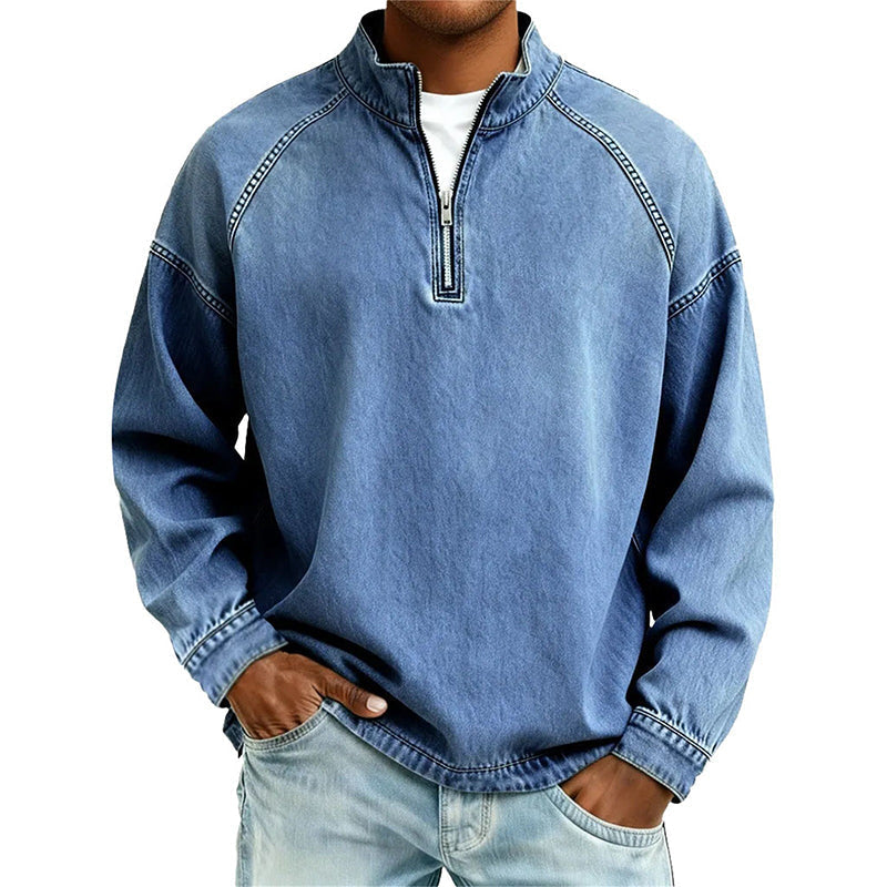 🍂 Men's Quarter-Zip Denim Pullover – Casual Style with Comfortable Everyday Fit