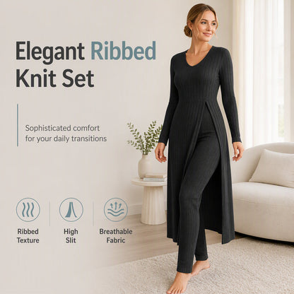 ✨ Easy Everyday Comfort 🦋 Women's Ribbed Longline Top & Slim-Fit Pants 2-Piece Set