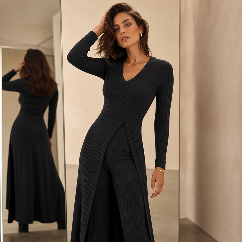 ✨ Easy Everyday Comfort 🦋 Women's Ribbed Longline Top & Slim-Fit Pants 2-Piece Set
