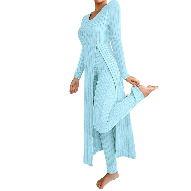 ✨ Easy Everyday Comfort 🦋 Women's Ribbed Longline Top & Slim-Fit Pants 2-Piece Set